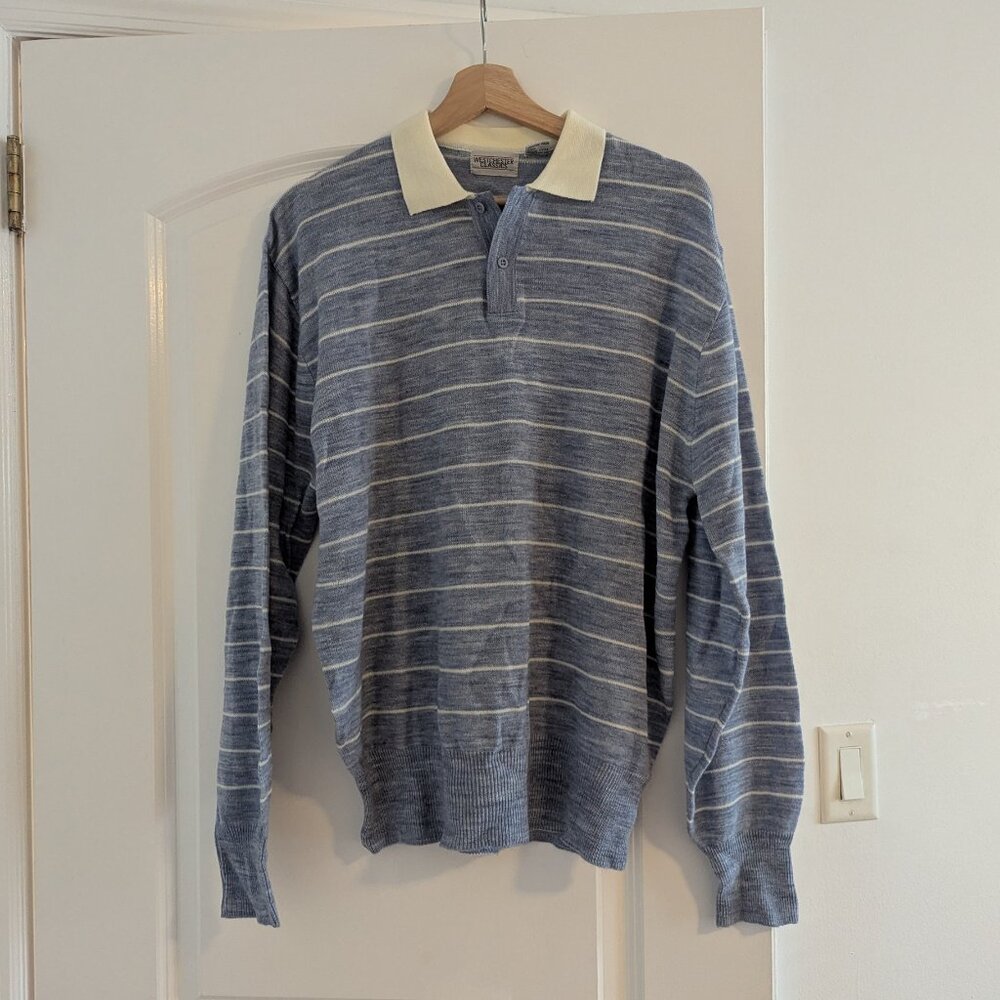 80s Large Baby Blue white striped long sleeved Henley shirt